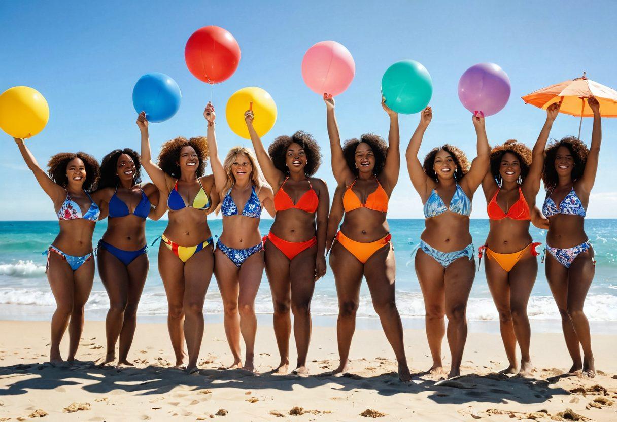 A diverse group of confident women of different sizes and ethnicities joyfully posing on a sunlit beach, showcasing a variety of colorful bikinis and radiant smiles. The scene includes playful beach elements like sandcastles, beach balls, and umbrellas, embodying a spirit of fun and freedom. The ocean waves crash gently in the background, enhancing the sense of summer bliss. The colors should be vibrant and eye-catching, highlighting the diversity and beauty of all body types. super-realistic. vibrant colors. beach setting.